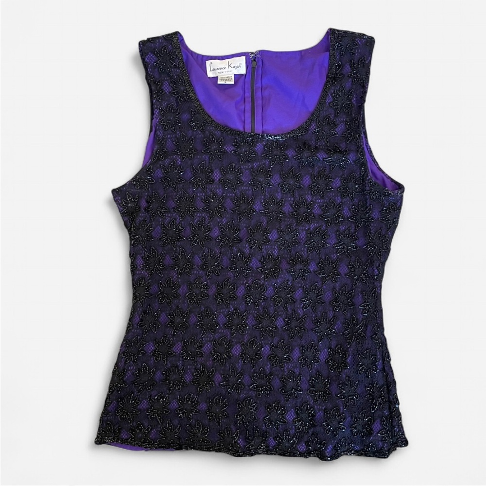 Vintage 90s Laurence Kazar Beaded Lace Netted Black Purple Tank Top Size Large